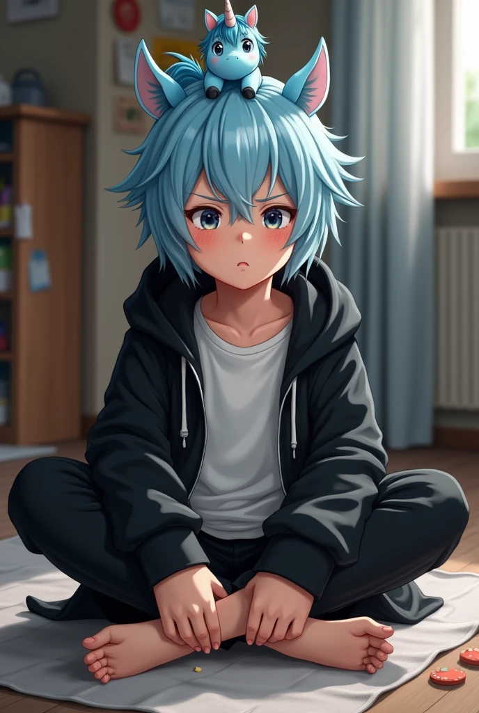 in the room,A cute boy showing his feet,angry,barefoot, Sweating on the soles of the feet, Foot Focus,White T-shirt, Black Hooded Jacket, There are bangs between the eyes,short hair,Light blue hair, Black pants, Anatomically correct, There is a blue unicorn in the middle of the head,Unicorn, black eyes, Look at the audience,Smiling emoticon,Correct toes