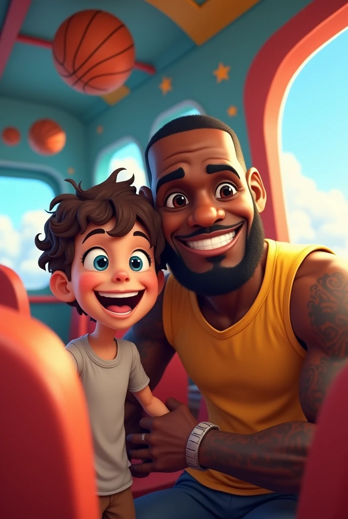 Make a picture of a  taking a picture with LeBron James inside the animated plane 