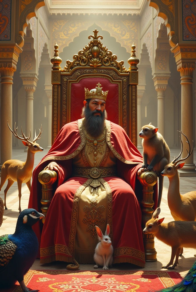 The King with Animals: The king sitting on a large, ornate throne in an open courtyard, surrounded by various animals like deer, peacocks, and rabbits. The monkey is sitting on the armrest of the throne, close to the king, showing a bond between them.