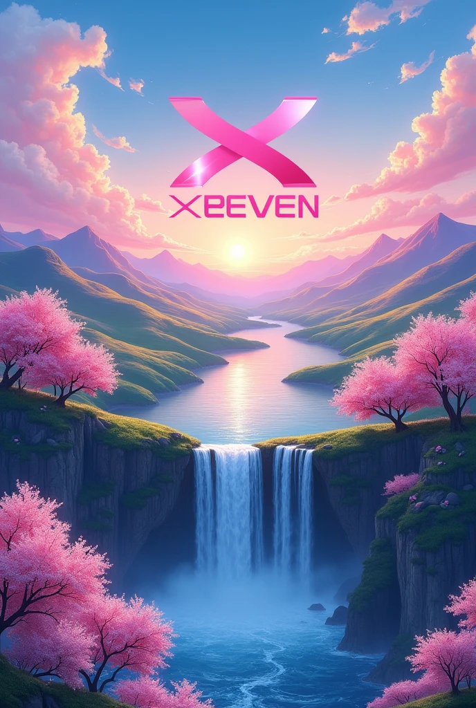 (anime) a beautiful landscape with the branding logo Xeven on it
