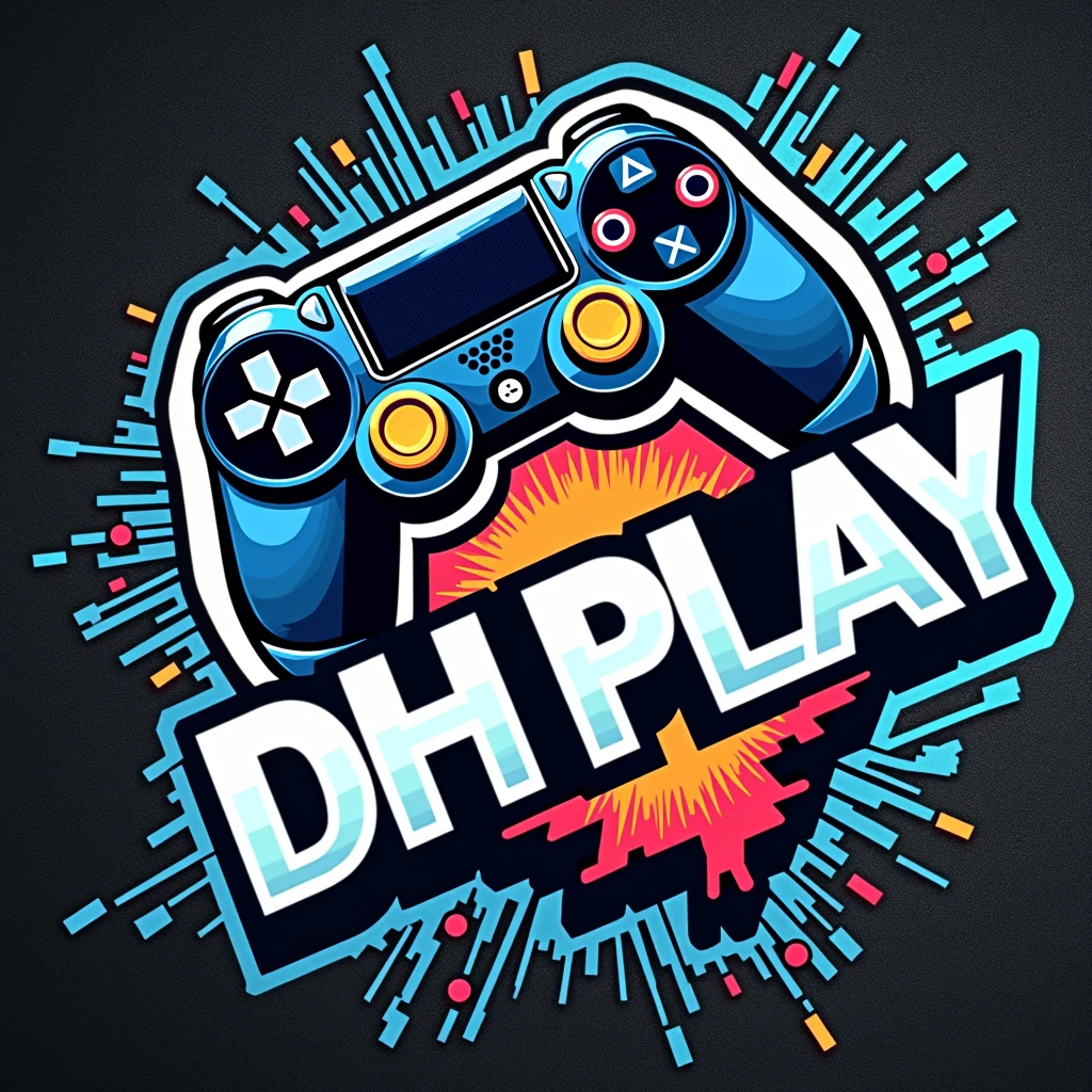 Logo com nome DH PLAY, com tema de video game e controle de playstation 4