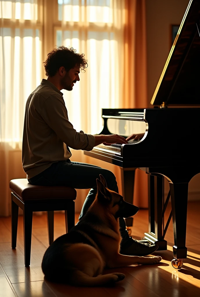 Man sitting next to piano and singing, next to german shepherd