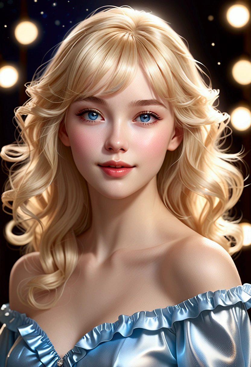 Realistic three-dimensional texture, Shiny frill off-the-shoulder blouse, A woman with a beautiful face, with glossy pale skin and blue eyes., light smile, soft starlight, Dance with a dreamy expression as if you are dreaming. (Blonde bangs flowing down the forehead, Full head of hair, Shiny hair), Camera angle capturing the upper body above the hips, clear resolution, movie lights, Clear picture quality, realistic atmosphere, Bright Themes, soft lighting, 초realistic atmosphere, (vivid silhouette, masterpiece, best quality), Simple background.