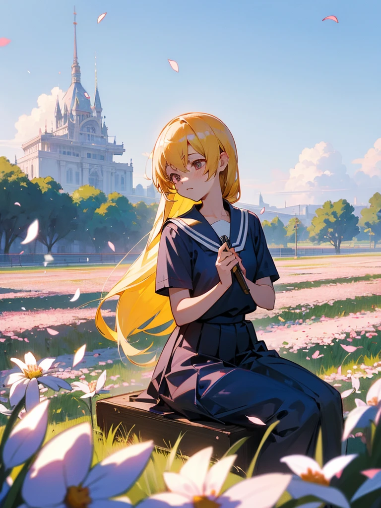 kochou_shinobu, 1girl, sitting, school_uniform, outdoors, field, blue_sky, spring_(season), flower, petals, holding_a_pencil_many_times, distant_figure, bustling_city