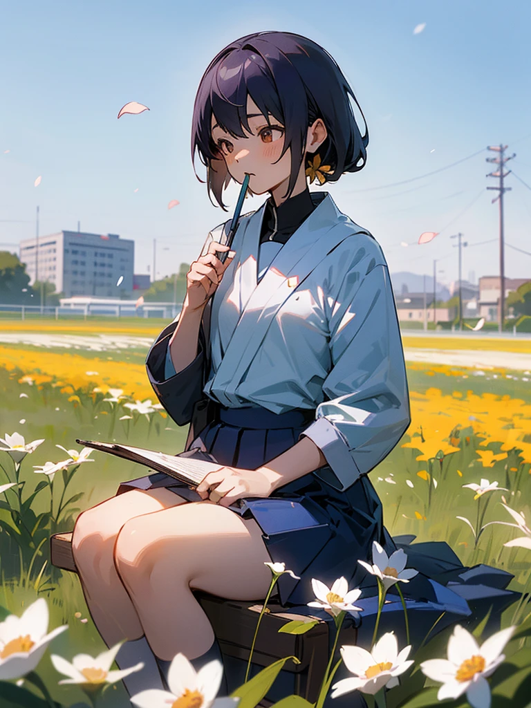 kochou_shinobu, 1girl, sitting, school_uniform, outdoors, field, blue_sky, spring_(season), flower, petals, holding_a_pencil_many_times, distant_figure, bustling_city