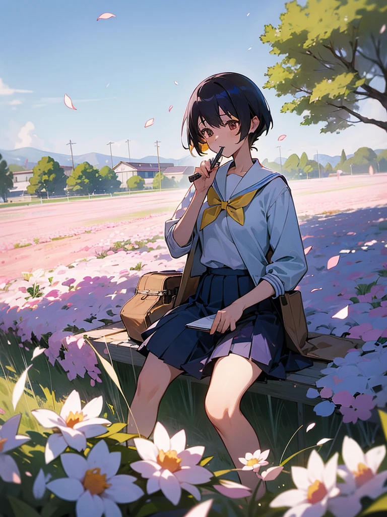 kochou_shinobu, 1girl, sitting, school_uniform, outdoors, field, blue_sky, spring_(season), flower, petals, holding_a_pencil_many_times, distant_figure, bustling_city
