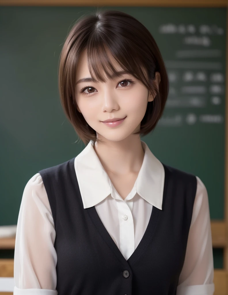 (high resolution:1.5), (masterpiece:1.5), very detailed, best quality, 8k, ((1 girl)), (Cute Japanese woman), cute 24 year old beauty, (medium breasts:1.5), detailed face, Beautiful and elegant face, cute face, (Round face:1.4), thin lips, natural bangs, arched eyebrows, well-groomed eyebrows, (big eyes with a good balance between the left and right sides), cute eyes, beautiful eyes, beautiful thin nose, beautiful face line, (beautiful skin), medium Hair, Brunette hair, black hair, (natural bangs), (looking at the camera with a Gentle smile), smooth skin, fair skin, (Beautiful breasts), (Slender body:1.5), ((Beautiful cleavage)), smile, 
