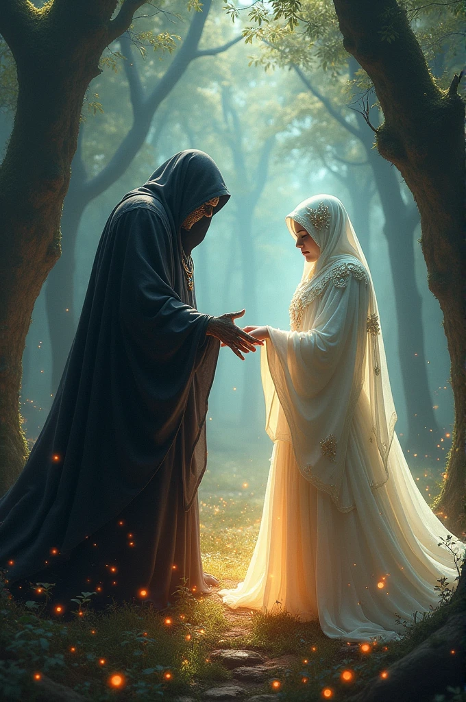 Evil and good shaking hands in the form of a pact