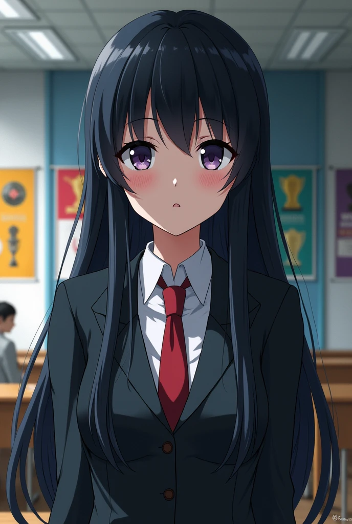 An anime girl, student council president, cold, intelligent, WBS logo, strict, serious, black long hair, half body, close up, half closed eyes,