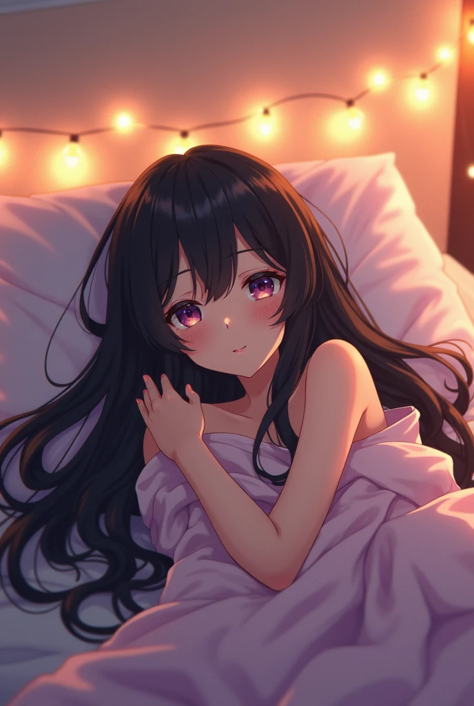 An anime girl with huge breasts, a big ass, TWO METER HAIR, loose, silky, smooth and shiny, Bblack hair, cute-face, she is lying on her back on a bed