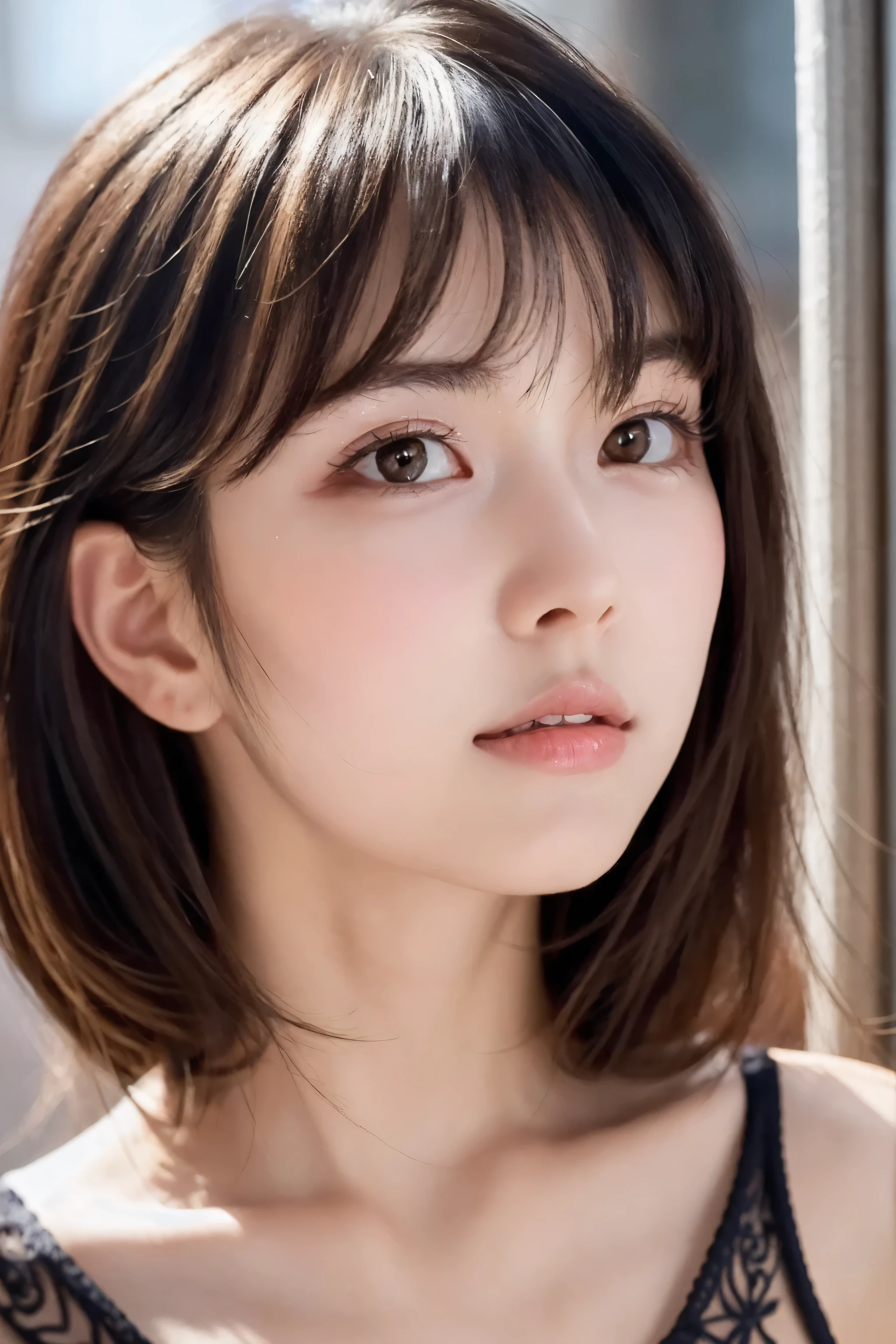(8k, RAW Photo, Best Quality, Masterpiece:1.2), table top, Ultra Detail, Super Resolution, (Realistic, Realistic Photo:1.37), Portrait, High Detail RAW Color Photo, Professional Photo, Extremely Detailed and Beautiful, Extremely detailed, 8k wallpaper, amazing and detailed, huge file size, official art, highly detailed CG unity 8k wallpaper, highly detailed beautiful girl, highly detailed face, highly detailed eyes, highly detailed skin, highly detailed fingers, highly detailed nose, very detailed detailed mouth , perfect anatomy, highly detailed background, highly detailed clothes, 1girl, 17 year old girl, cute girl, realistic body, fair skin, glowing skin , slim body, handsome body, black hair , semilong hair, (blunt bangs:1.2), smile, cute, youthful, cute face, realistic face, delicate eyes, drooping eyes, looking at viewer, facing front, standing posture, Contraposto, dynamic lighting, ((face closeup)), (medium chest), (Perfect Body Proportions), (slender Body Proportions), (bedroom), super sexy pose, ((colorful lingerie)),