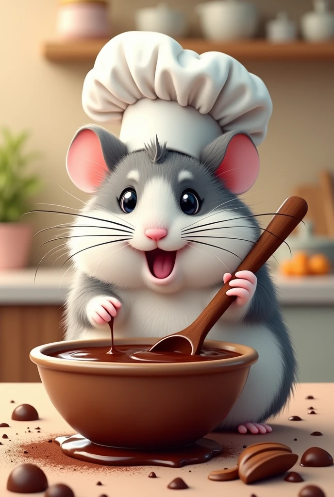 Create a logo of a Hamster with very messy white and gray fur wearing a chef&#39;s hat stirring chocolate with a wooden spoon 