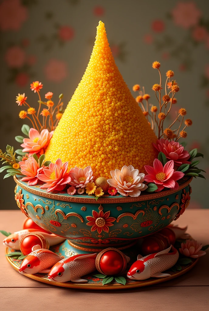 3D style food illustration of Tumpeng: a traditional Indonesian dish consisting of a cone-shaped mound of yellow rice, often served at celebrations and special events. The tumpeng fused with Chinese culture and influence. It's a Tumpeng that fuses the art of Indonesia with Chinese culture. Give a lot of decorative elements of garnish with a lot of red and gold as an accent. The main inspiration for garnish is nine koi fishes.