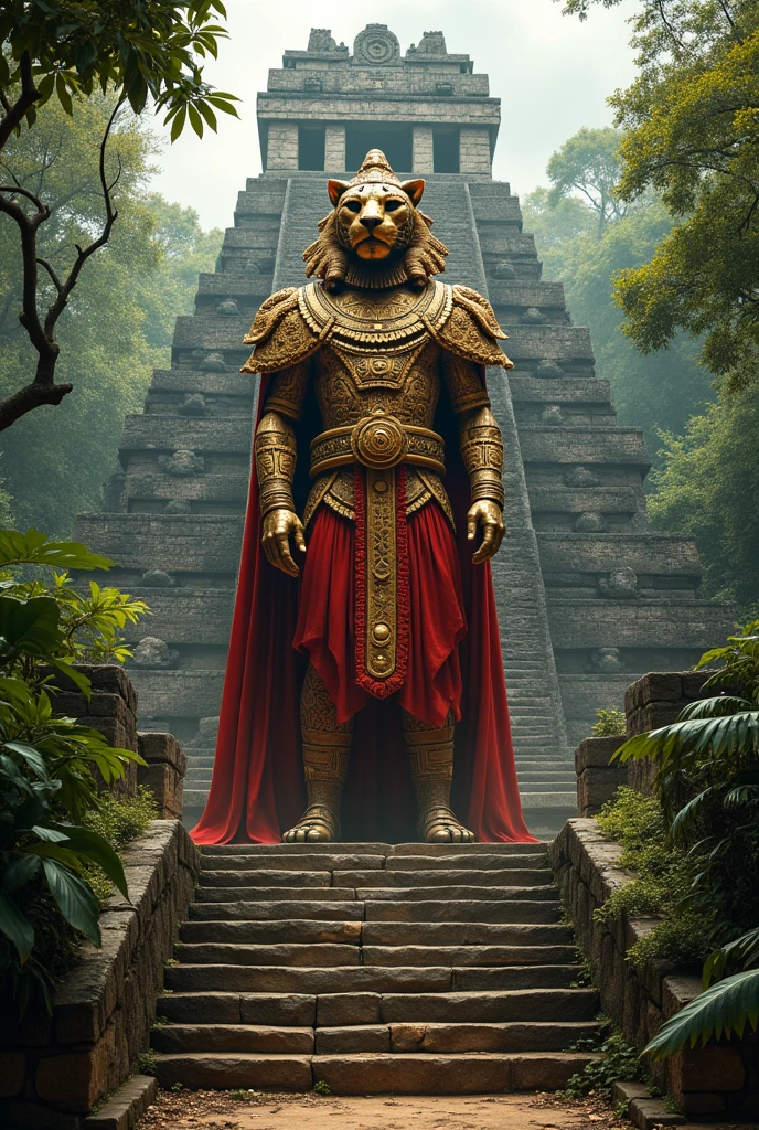 Make a costume or impersonation of the Temple of the Great Jaguar, este templo tiene un basamento Pyramidal de 9 plataformas rojas, Pyramidal, with nine staggered levels which may be symbolic of the nine levels of the underworld. And a staircase in the center that runs from the base to the top..
The wooden lintels stand out in the exterior decoration.. The sanctuary has a high crest decorated with a sculpture of the seated king., Jasaw Chan K&#39;awiil. MAKE A PERSONIFICATION OF THIS