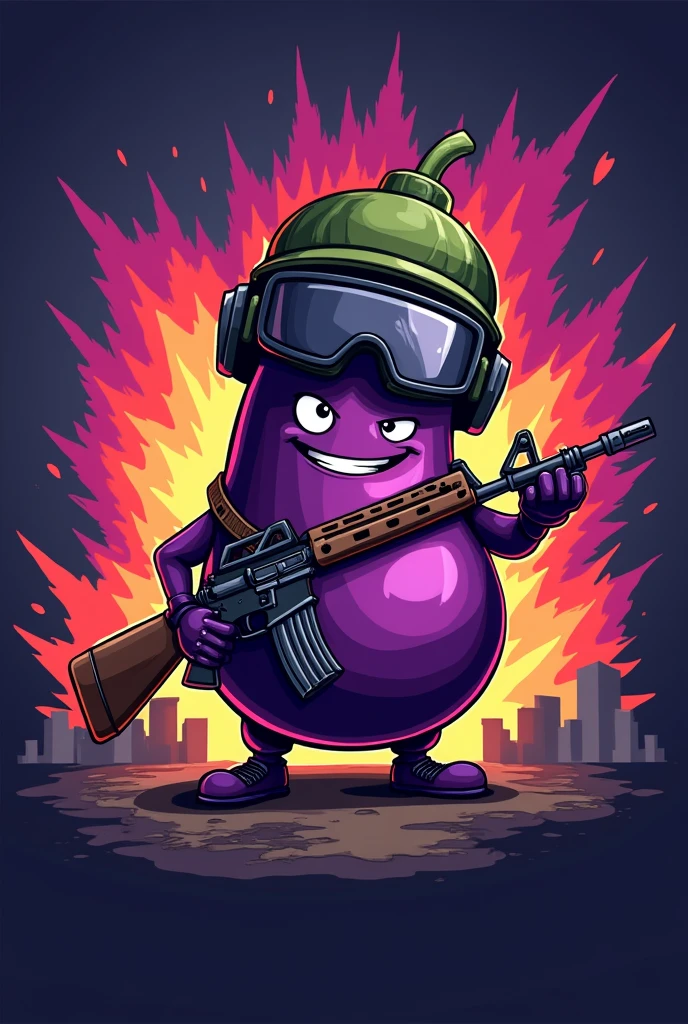 Make me a logo of brinjal with face in BGMI theme with m416