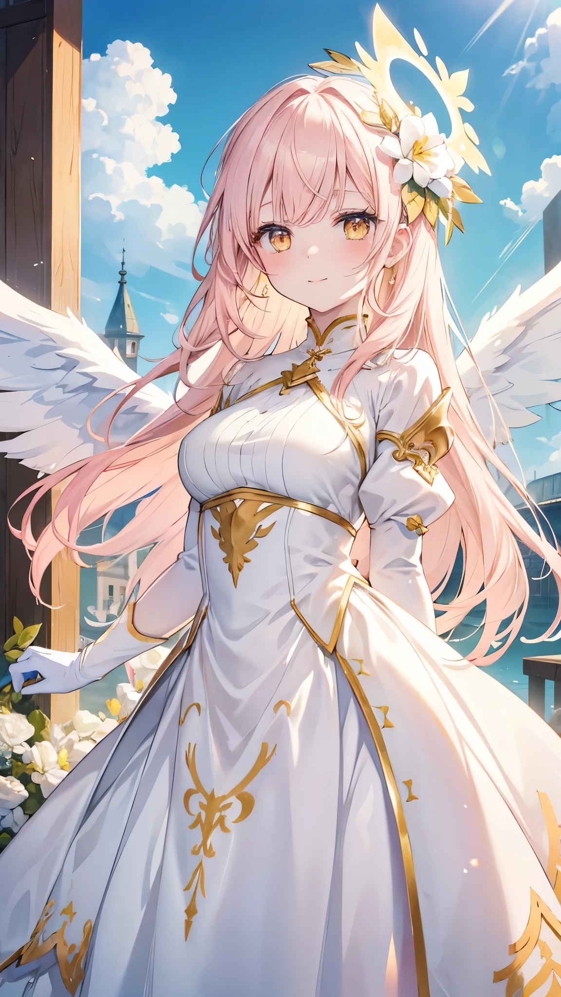 ((Masterpiece, Isekai Style)) A girl with pale white skin, golden yellow eyes and long, straight, light pink hair. She wears an angelic white dress with gold details on the clothes, she wears white gloves on her hands and has white angel wings on her back. She is looking at the viewer with a warm smile. In the background is a blue sky with some clouds.