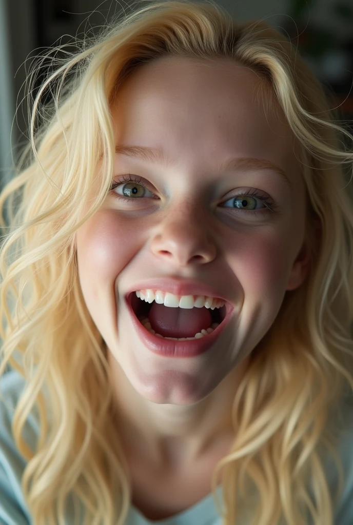 Closeup of a female young Elle Fanning's face, ((Elle Fanning)), actress Elle Fanning when she as 16, mouth very wide open and smiling, eyes opened, long blond messy hair, mouth full of milk, dropping milk from her mouth, extreme skin detail, photorealistic, 8k, wallpaper, kneeling on floor, viewed from above