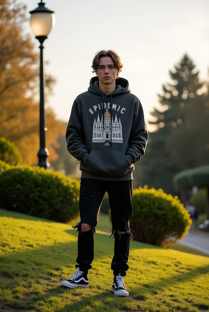 Please make me a picture, this picture shows a person outdoors on top of a layer of ground. The individual was a dark grey hoodie with a graphic of a gothic-style building and the word "EPIDEMIC" printed on it. The person was also wearing torn black jeans and black-and-white Vans sneakers. In the background, there are green shrubs, trees, and street lights indicating that this photo was taken in a park or outdoor area during the afternoon.