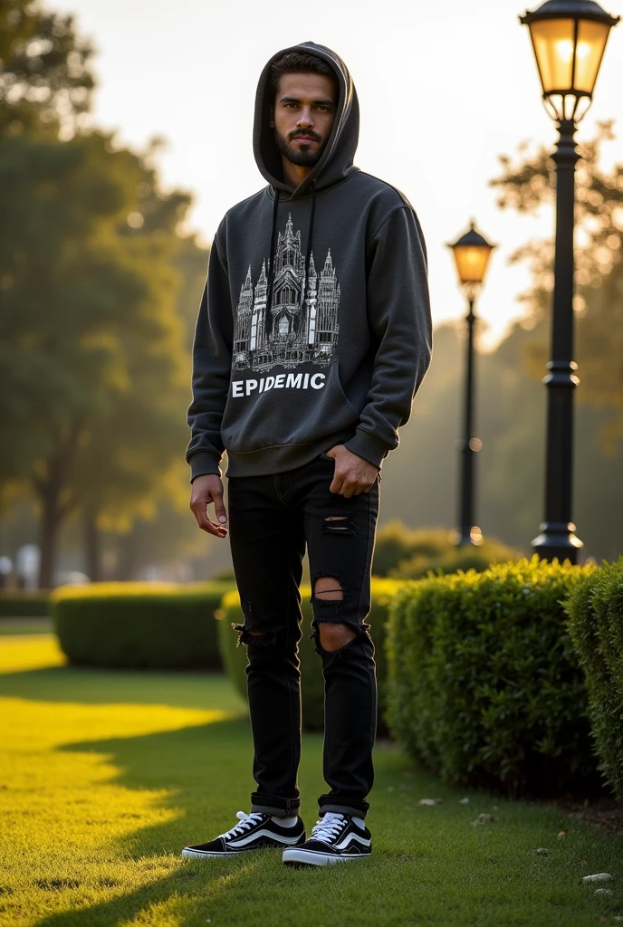 Please make me a picture, this picture shows a person outdoors on top of a layer of ground. The individual was a dark grey hoodie with a graphic of a gothic-style building and the word "EPIDEMIC" printed on it. The person was also wearing torn black jeans and black-and-white Vans sneakers. In the background, there are green shrubs, trees, and street lights indicating that this photo was taken in a park or outdoor area during the afternoon.