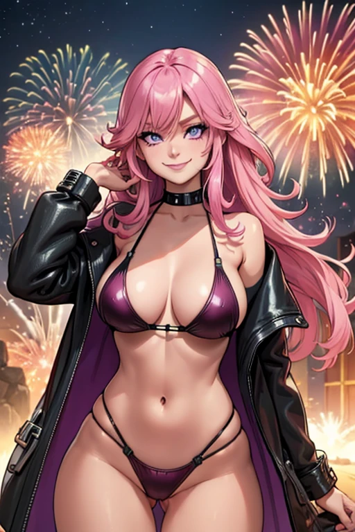 Perfect face. Perfect hands. A pink haired woman with violet eyes and an hourglass figure in a leather bikini is posing while smiling in front of fireworks