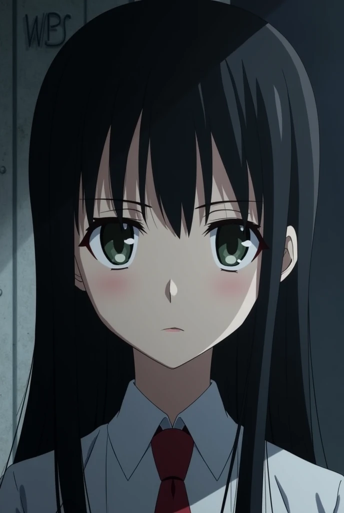 An anime girl, student council president, cold, intelligent, WBS logo, strict, serious, black long hair, half body, close up, half closed eyes, 