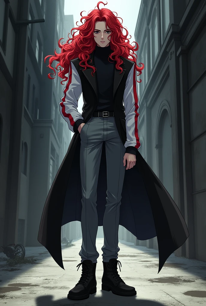 Create an anime illustration of an 18 year old hitman with long curly red hair and a tuft of hair between his eyes, tired look, skin fair, black eyes a closed black coat with a high collar and white sleeves with red stripes and gray pants and a blade hidden in his sleeve, black boots and gray gloves