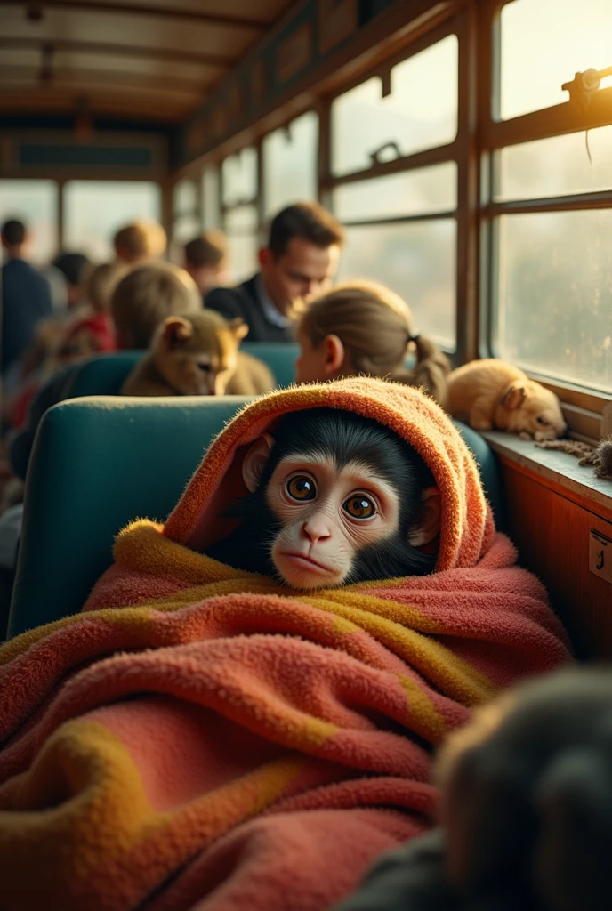 A little monkey despairs from the severity of the pain. He wakes up from sleep and rides the bus with a sleeping blanket on him. The full picture, precise details.