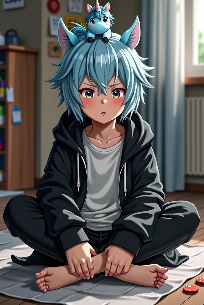 in the room,A cute boy showing his feet,angry,barefoot, Sweating on the soles of the feet, Foot Focus,White T-shirt, Black Hooded Jacket, There are bangs between the eyes,short hair,Light blue hair, Black pants, Anatomically correct, There is a blue unicorn in the middle of the head,Unicorn, black eyes, Look at the audience,Smiling emoticon,Correct toes