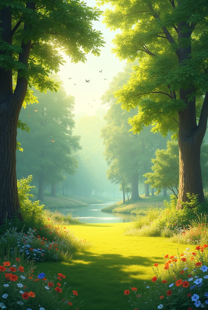Clean environment landscape with trees, flowers and birds but no river