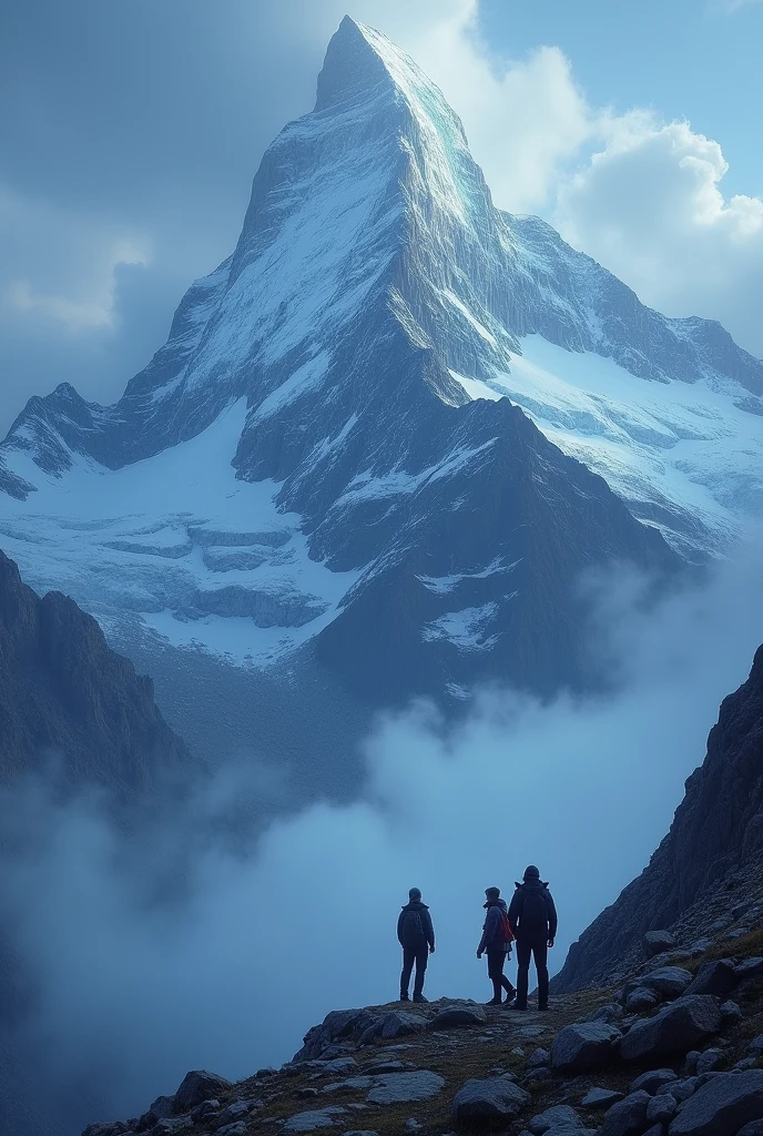"Illustrate a mystical, invisible force residing on the mountain. Show an aura or ethereal energy around the peak, suggesting a supernatural presence that wards off climbers."