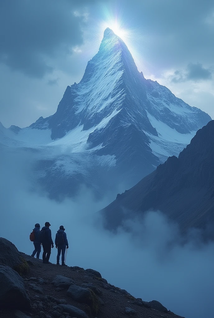 "Illustrate a mystical, invisible force residing on the mountain. Show an aura or ethereal energy around the peak, suggesting a supernatural presence that wards off climbers."
