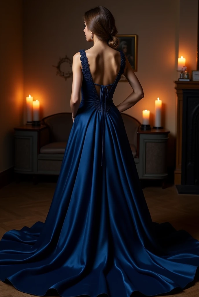 The midnight blue dress with a sweetheart neckline that accentuated the chest and tied at the neck, left a V-shaped neckline on the back. It was fitted from the waist to the hips and then fell to the floor..
