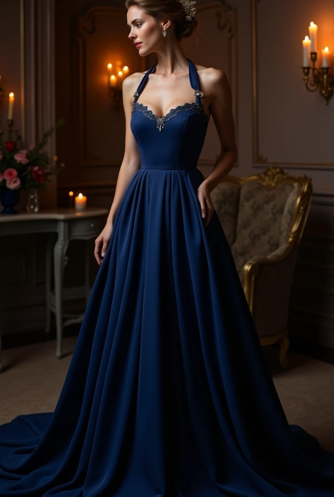 The midnight blue dress with a sweetheart neckline that accentuated the chest and tied at the neck, left a V-shaped neckline on the back. It was fitted from the waist to the hips and then fell to the floor..