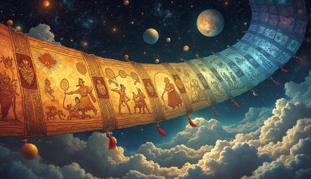 1. Timeline of Yugas: Illustrate the duration of each Yuga in "divine years" and "earth years" as described.
• Satya Yuga: 4800 divine years (1,728,000 earth years)
• Treta Yuga: 3600 divine years (1,296,100 earth years)
• Dvapara Yuga: 2400 divine years (864,000 earth years)
• Kali Yuga: 1200 divine years (432,000 earth years)