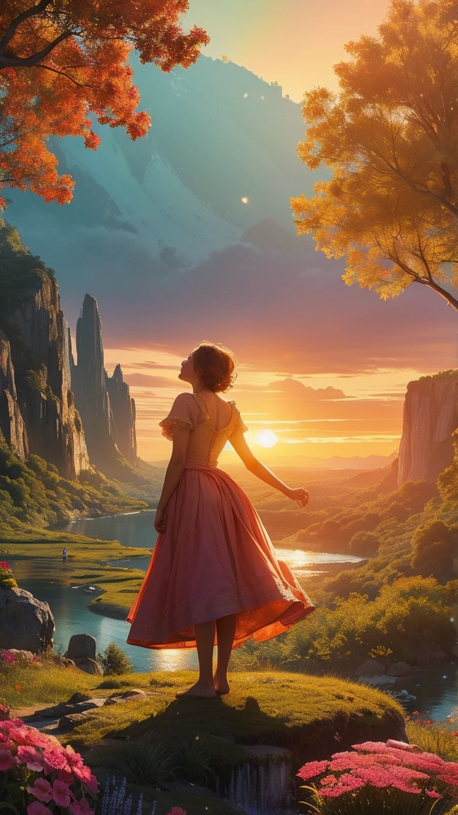 A stunning cinematic image of a vibrant, colorful landscape filled with elements representing transformation and growth. In the foreground, a young girl stands barefoot on the grass, her outstretched arms reaching towards the sky with her hands adorned with flowers. The background showcases a kaleidoscope of hues: a lush forest with trees of various sizes, a majestic waterfall cascading down the rocks, and a radiant sunset casting warm golden light over the entire scene. The typography, elegantly placed beside the girl, reads "Embrace the Journey." This captivating image is sure to inspire and uplift viewers, leaving them with a sense of renewed hope and determination.