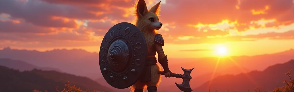 Light-haired Vulpera with small Axe and very large Shield with Epic Horizon in the background