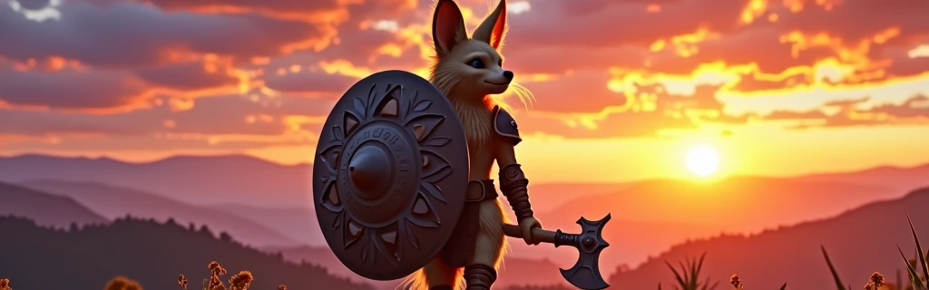 Light-haired Vulpera with small Axe and very large Shield with Epic Horizon in the background