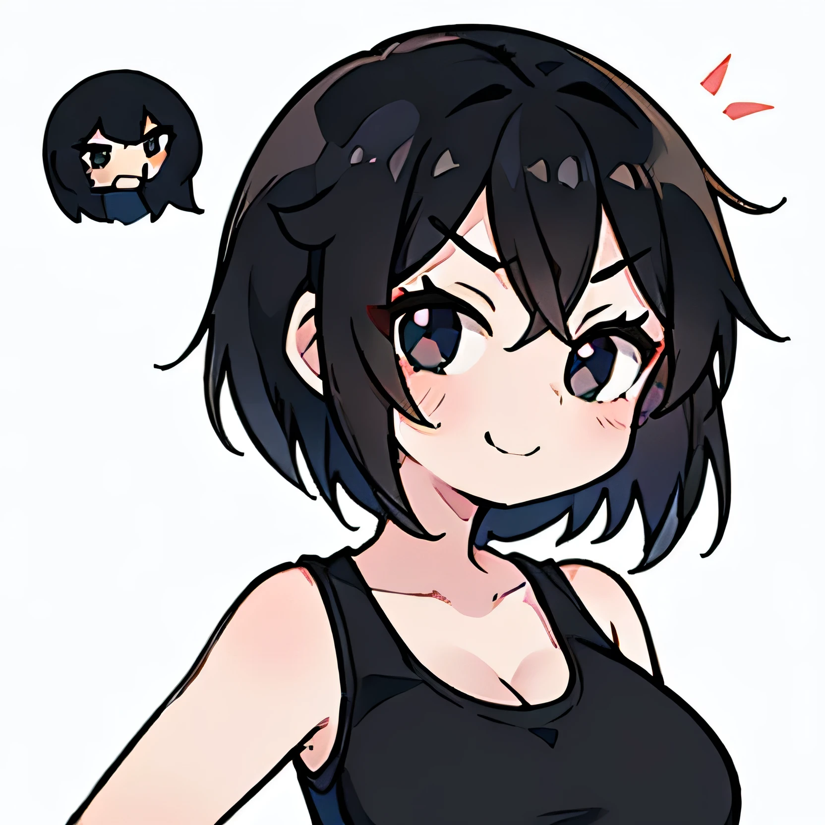 Young Anime girl, short black hair, black eyes, eye liner, smug flirty smirk, black tanktop, teasing face, simple style, big breasts, cute face, white background.