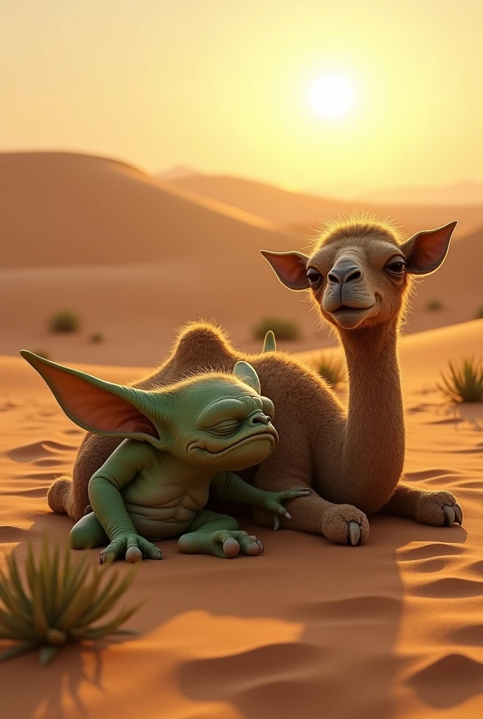 An ugly goblin and a very humped camel sleeping together
