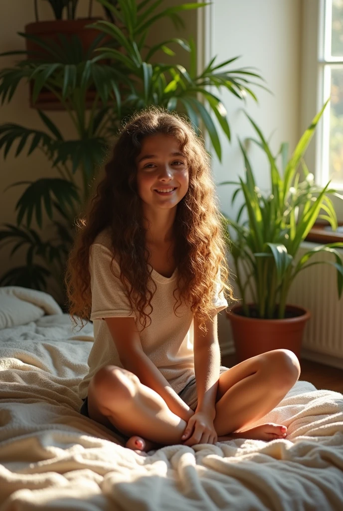 (photorealism:1.2), beautiful  girl, sitting on bed, wearing nothing, long curly hair, indoors, soft lighting, plants in background, window with sunlight, cozy room, relaxed pose, realistic, intricate details, warm colors, no clothes , big boobs legs wide open