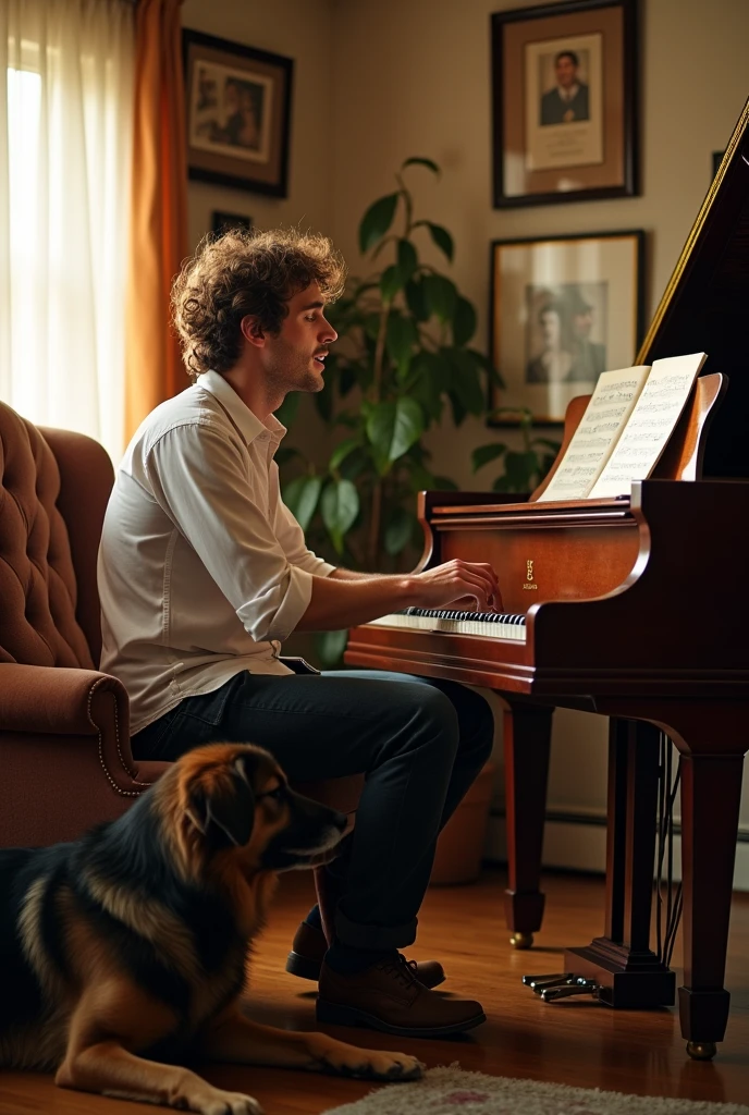 Man sitting next to piano and singing, next to german shepherd 