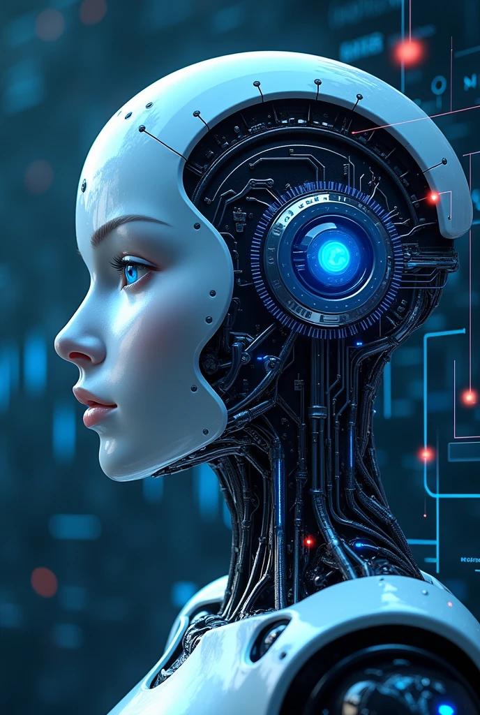 Create a futuristic profile picture for a social media profile called 'AI Perspective'. The image must present a stylized and modern representation of an artificial intelligence, with technological and digital elements. Include a robot head or AI display with a background that suggests a technological environment, as circuits or graphs. The color palette should be composed of shades of blue, gray and white to convey innovation and technology. O design deve ser limpo, catchy and easily recognizable in small sizes