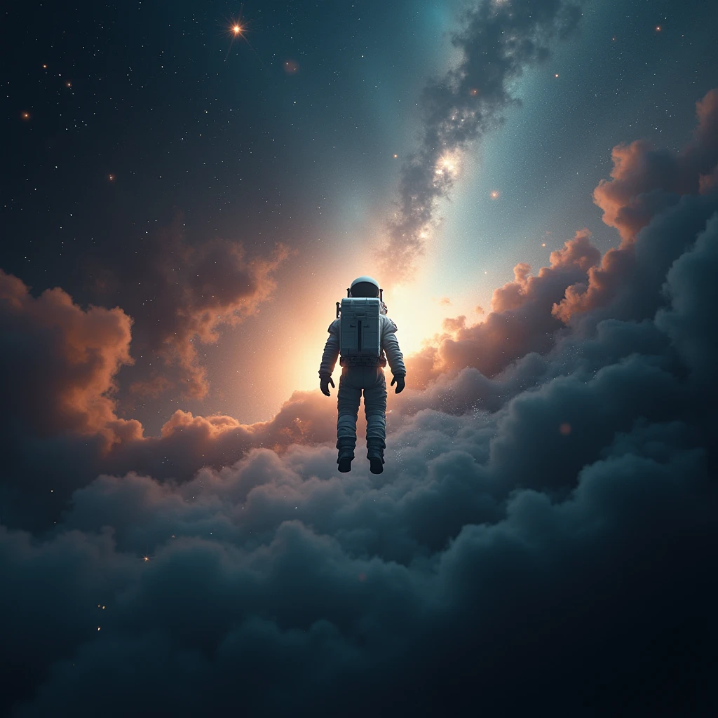 A small, lonely astronaut in a spacesuit floating in a vast starry sky、Dramatic contrast in scale、Astronaut positioned in the center of the frame、Very detailed、Cinematic lighting、Volumetric lighting、Photorealistic、8k、Awards、Concept Art、Dramatic composition、Moody atmosphere、Deep Universe、Shining Star、Detailed nebula、Depth of written boundary、Voluminous fog、Godley、Realistic Textures、Intricate details、Hyperrealistic、Dramatic Shadows、Cinematic Color Palette、Beautiful lighting、masterpiece
