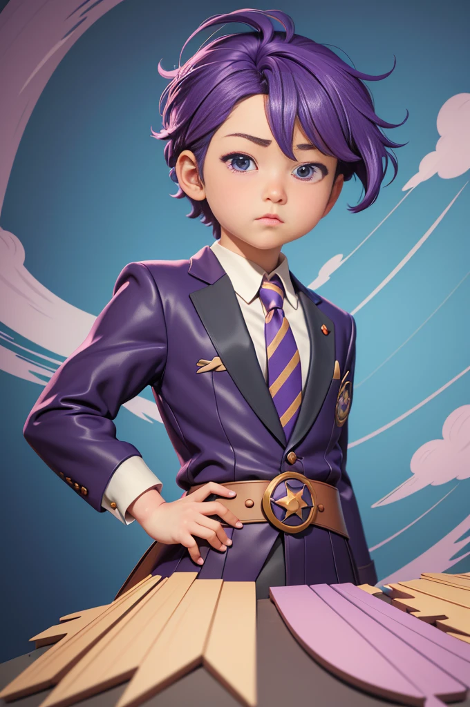 (The best quality at its best,4K,8k,High resolution,masterpiece:1.2),Super detailed,(Actual,Realistically,Realistically:1.37)A very chubby boy。He is the president。suit。Purple Hair。Purple tie。Highly detailed characters, Anime style 3D, Algorithm animation, Rosco style, Digital Art, Highly detailed charactersデザイン, Close-up of a person, Realistic anime 3D style, Children art station,Unique Pose
