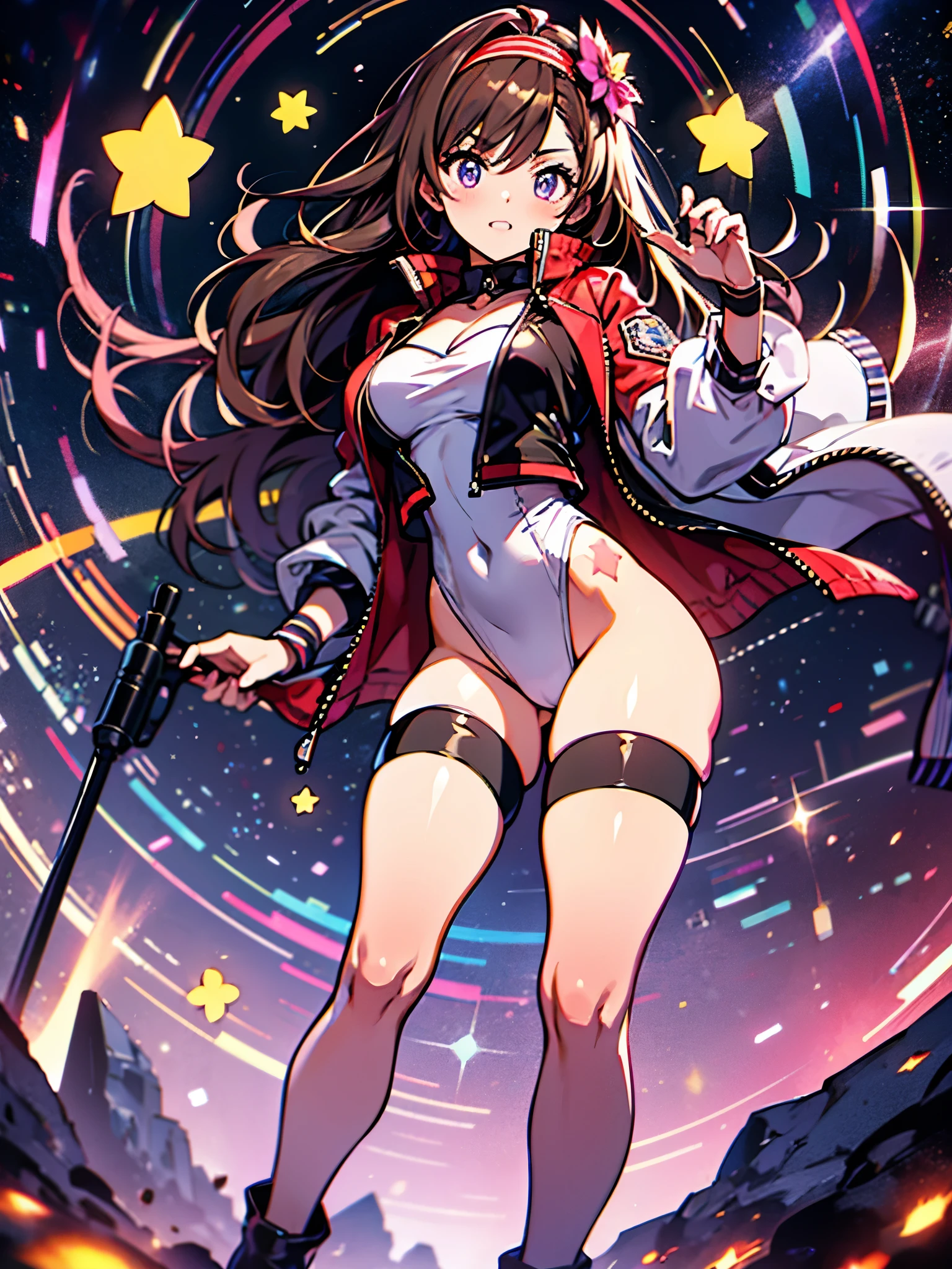 Woman with brown eyes, age 21, (medium hair, dark brown hair, wavy hair, red hairband), ahoge, ((white blouse with black stars, vest, jacket, opened jacket, red jacket with stars)), (leotard, bare legs, black thigh highs, high-heel shoes), purple stellar energy around, cosmic power, cosmic shining power. (purple eyes), beautiful detailed eyes, beautiful detailed face, cute face, perfect hands, complete fingers, perfect anatomy, perfect proportions. (casting a spell). full body costume design, full body, cowboy shot.