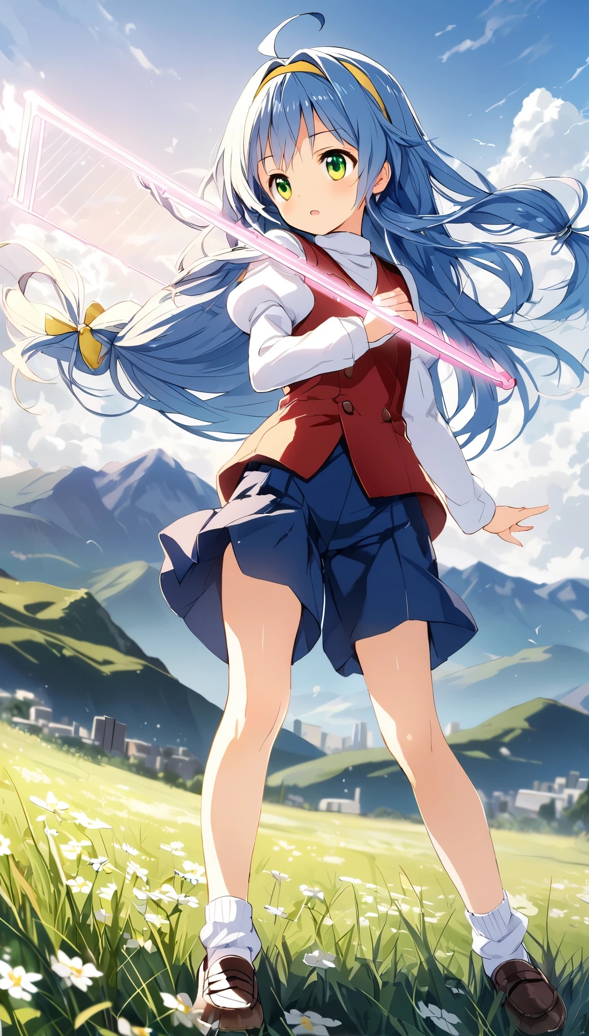best quality, masterpiece, ultra resolution, super details, anatomically correct, 1 girl, (early s, cute littull body, blue hair, green eyes, high quality hands, delicate hands, (asturd long hair:1.3), (intaking-hair:1.6), (two low-tied hair with yellow ribbons:1.2), two ahoges, (yellow hairband:1.3), (white long shirt:1.5, turtleneck shirt:1.3, red vest:1.3, single row of brown buttons:1.5), (juliet sleeve:1.3, long sleeves, tight sleeves:1.5, sleeves below wrist:1.5), (blue short culottes with white line:1.5), bare legs, (floral white ankle socks:1.5), (brown loafers:1.2), (playing a pink harp:1.3), (singing:1.3), grassfield, mountains at skyline, sunny sky, white clouds, high quality background, depth of field