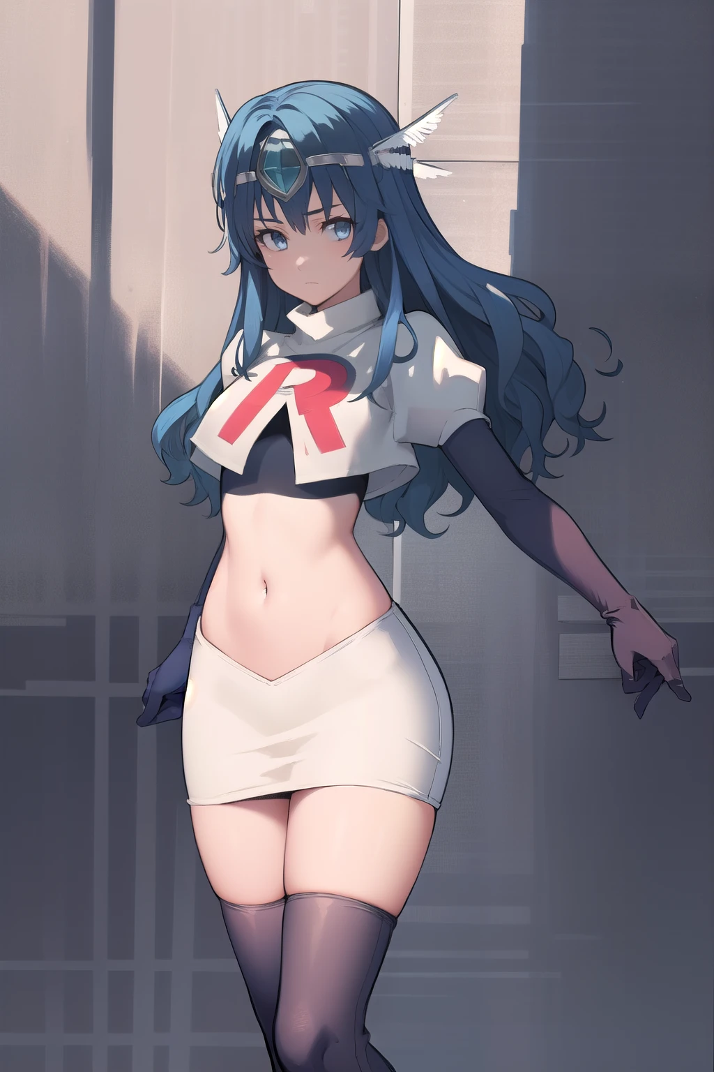 best quality, (masterpiece:1.2), illustration, absurdres,
(1girl, solo), (beautiful detailed girl),
blue hair, long hair, wavy hair, blue eyes, medium breasts,
winged visor, wing ornament, team rocket,team rocket uniform,white skirt,red letter R,crop top,black thigh-highs,black elbow gloves, looking at viewer,
magical forest,
