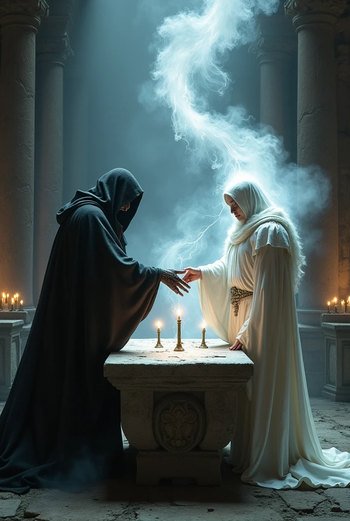 Evil and good shaking hands sealing a pact 