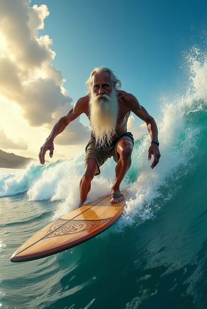 ancient old man surfing on big waves