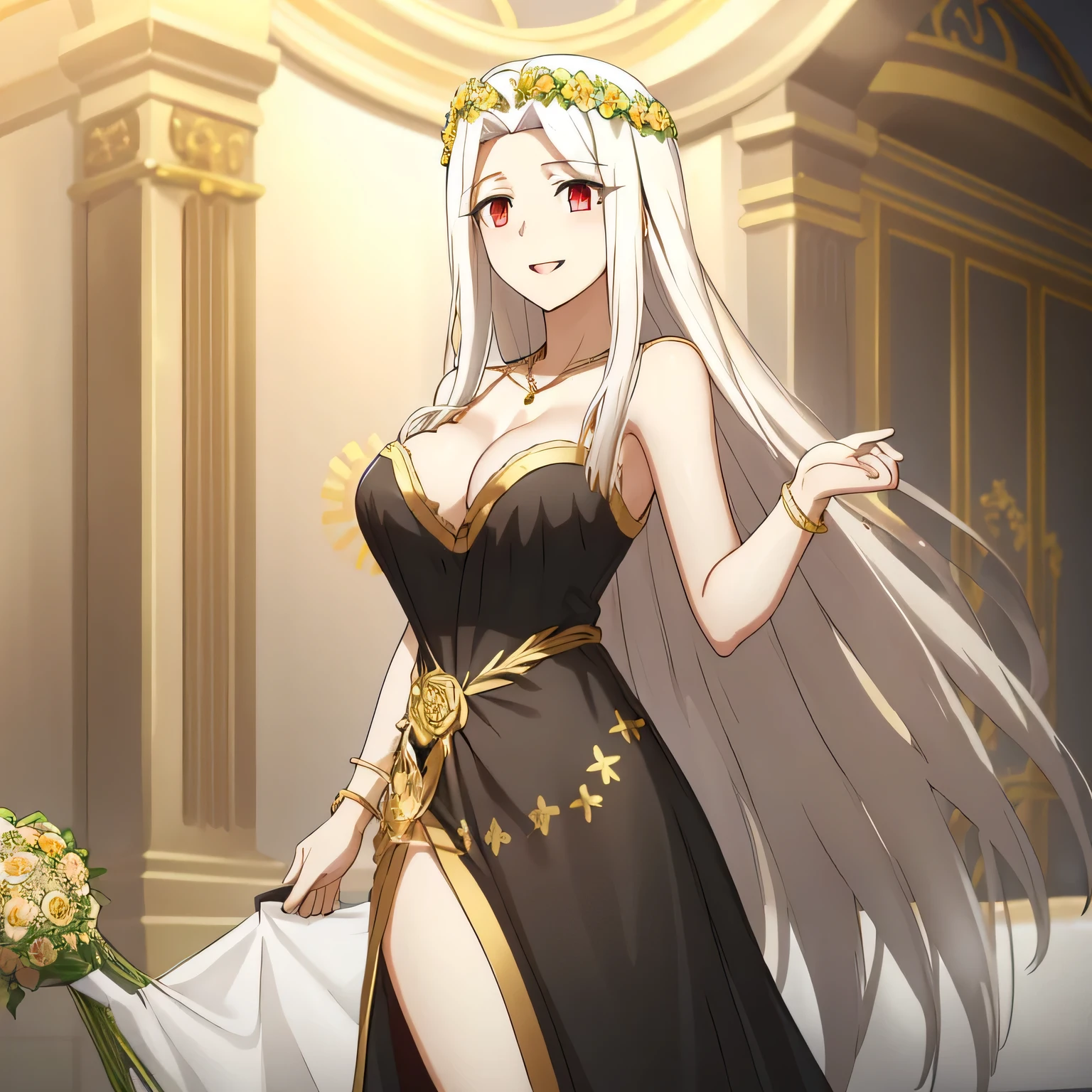 Irisviel,black with gold dress sleeveless of wedding,solo,beautiful laughs,arm at side,middle size of breast,beautiful necklace,matching remix,revealing dress,in beautiful garden,happy smile, Irisviel carrying flowers on her hand,,golden wreath,Shining breasts,beautiful breasts,breasts out from dress,almost naked